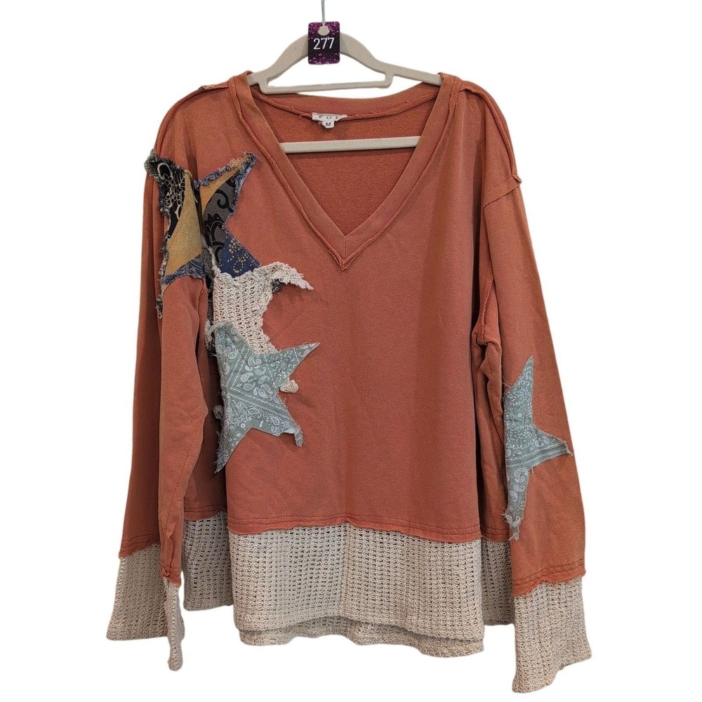 POL Solid Color Top French Terry Top Star Patches Boho Medium Patchwork Artsy